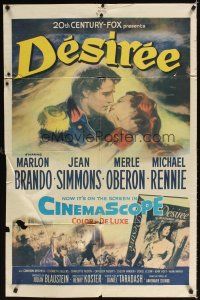 6k287 DESIREE 1sh '54 romantic artwork of Marlon Brando about to kiss pretty Jean Simmons!