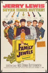 6k334 FAMILY JEWELS 1sh '65 Jerry Lewis is seven times nuttier in seven roles, wacky art!