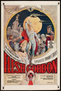 6k348 FLESH GORDON 1sh '74 sexy sci-fi spoof, wacky erotic super hero art by George Barr!