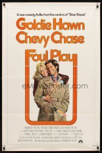 6k352 FOUL PLAY 1sh '78 wacky Lettick art of Goldie Hawn & Chevy Chase, screwball comedy!