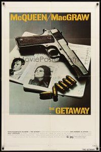 6k369 GETAWAY 1sh '72 Steve McQueen, Ali McGraw, Sam Peckinpah, cool gun & passports image!