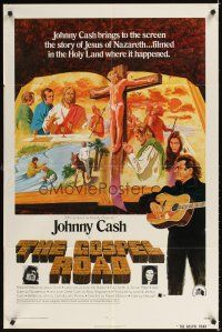 6k391 GOSPEL ROAD 1sh '73 artwork of Biblical Johnny Cash with guitar & scenes of Jesus!