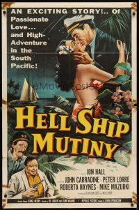 6k409 HELL SHIP MUTINY 1sh '57 Jon Hall kisses tropical bikini babe, John Carradine, Peter Lorre!