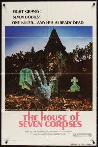 6k429 HOUSE OF SEVEN CORPSES 1sh '74 cool zombie killer hand rises from the grave!