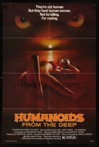 6k432 HUMANOIDS FROM THE DEEP 1sh '80 classic sexy art of eyes looming over sexy girl on beach!
