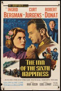 6k446 INN OF THE SIXTH HAPPINESS 1sh '59 close up of Ingrid Bergman & Curt Jurgens, Robert Donat!
