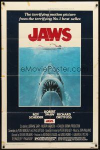 6k461 JAWS 1sh '75 Steven Spielberg classic man-eating shark attacking sexy swimmer!