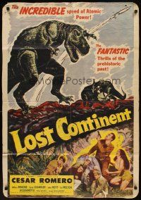 6k516 LOST CONTINENT paperbacked 1sh '51 Cesar Romero, great rocketship & dinosaur artwork!