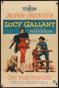 6k526 LUCY GALLANT 1sh '55 full-length image of Jane Wyman walking dog, plus Charlton Heston!
