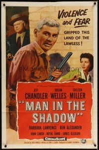 6k535 MAN IN THE SHADOW 1sh '58 Jeff Chandler, Orson Welles & Miller in a lawless land!