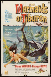 6k553 MERMAIDS OF TIBURON 1sh '62 Diane Webber, underwater art of sexy mermaid & shark!