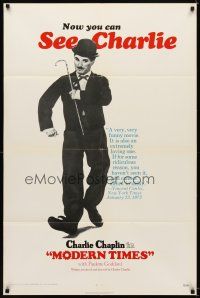 6k564 MODERN TIMES 1sh R72 great image of Charlie Chaplin walking with cane!
