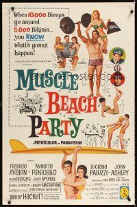 6k584 MUSCLE BEACH PARTY 1sh '64 Frankie & Annette, 10,000 biceps & 5,000 bikinis!