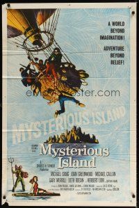 6k589 MYSTERIOUS ISLAND 1sh '61 Ray Harryhausen, Jules Verne sci-fi, cool hot-air balloon image!