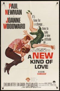 6k596 NEW KIND OF LOVE 1sh '63 Paul Newman loves Joanne Woodward, great romantic image!