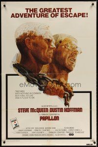 6k639 PAPILLON 1sh '73 art of prisoners Steve McQueen & Dustin Hoffman by Tom Jung!