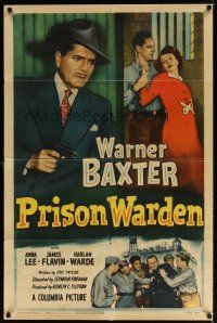 6k676 PRISON WARDEN 1sh '49 Warner Baxter with gun, Anna Lee in trouble!