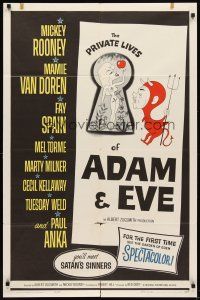 6k681 PRIVATE LIVES OF ADAM & EVE 1sh '60 wacky art of sexy Mamie Van Doren & devil Mickey Rooney!