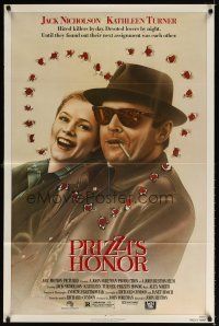 6k682 PRIZZI'S HONOR 1sh '85 cool art of smoking Jack Nicholson & Kathleen Turner w/bullet holes!