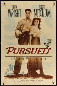6k687 PURSUED 1sh '47 great full-length image of Robert Mitchum & Teresa Wright!