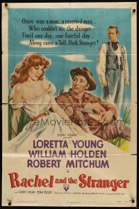 6k691 RACHEL & THE STRANGER style A 1sh '48 art of William Holden, Robert Mitchum, Loretta Young!