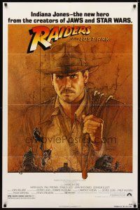 6k696 RAIDERS OF THE LOST ARK 1sh '81 great art of adventurer Harrison Ford by Amsel!