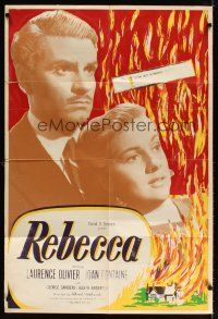 6k705 REBECCA 1sh R50s Alfred Hitchcock, art of Laurence Olivier & Joan Fontaine!