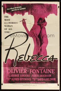 6k706 REBECCA 1sh R60s Alfred Hitchcock, art of Laurence Olivier & Joan Fontaine!