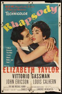 6k724 RHAPSODY 1sh '54 Elizabeth Taylor must possess Vittorio Gassman, heart, body & soul!