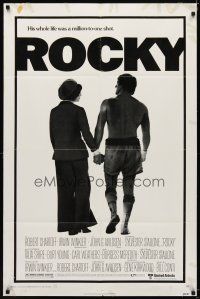 6k735 ROCKY 1sh '76 boxer Sylvester Stallone holding hands with Talia Shire, boxing classic!