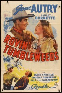 6k745 ROVIN' TUMBLEWEEDS 1sh '39 singing cowboy Gene Autry & Mary Carlisle!
