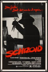 6k761 SCHIZOID 1sh '80 cool silhouette of crazed madman Klaus Kinski attacking with scissors!