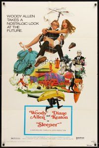 6k796 SLEEPER 1sh '74 Woody Allen, Diane Keaton, wacky futuristic sci-fi comedy art by McGinnis!