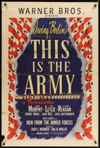 6k874 THIS IS THE ARMY 1sh '43 Irving Berlin musical, Lt. Ronald Reagan, cool patriotic design!