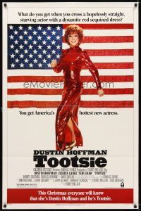 6k891 TOOTSIE advance 1sh '82 full-length Dustin Hoffman in drag by American flag!