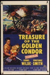 6k903 TREASURE OF THE GOLDEN CONDOR 1sh '53 art of Cornel Wilde grabbing girl & attacked by snake!