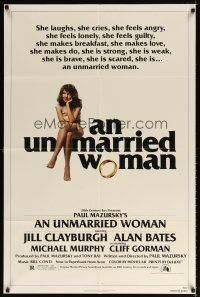 6k924 UNMARRIED WOMAN 1sh '78 Paul Mazursky directed, sexy Jill Clayburgh sitting on title!