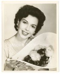 6m088 ANN MILLER 8x10 still '50s close up of the pretty star holding baby chickens in a hat!