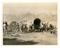 6m159 BRIGHAM YOUNG candid 8x10 still '40 great image of crew setting up scene with covered wagons!