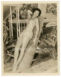 6m231 CYD CHARISSE 8x10 still '50s full-length close up in sexy swimsuit leaning on palm tree!