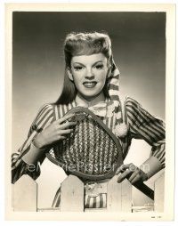 6m501 JUDY GARLAND 8x10 still '40s smiling close up holding tennis racket over picket fence!