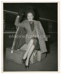 6m697 OLGA SAN JUAN 8x10 still '46 wearing leopardskin coat & sitting on her luggage by train!