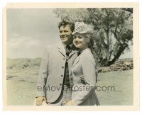 6m032 OKLAHOMA color 8x10 still '56 smiling close up of Gordon MacRae & Shirley Jones outdoors!