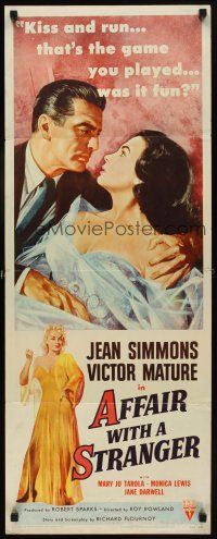 6r332 AFFAIR WITH A STRANGER revised insert '53 great artwork of Jean Simmons, Victor Mature!