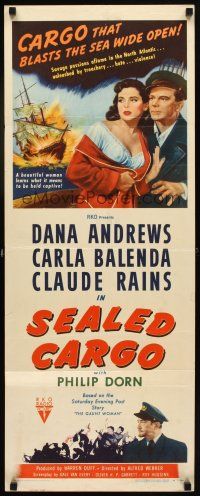 6r685 SEALED CARGO insert '51 great art of Dana Andrews & Carla Balenda, with ship exploding!