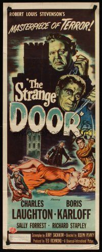 6r721 STRANGE DOOR insert '51 cool art of Boris Karloff, Charles Laughton & sexy Sally Forrest!