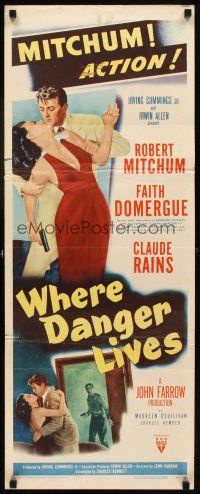 6r788 WHERE DANGER LIVES insert '50 art of Robert Mitchum holding Faith Domergue + Rains w/gun!