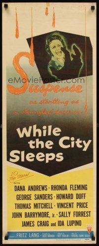 6r789 WHILE THE CITY SLEEPS insert '56 great image of Lipstick Killer's victim, Fritz Lang noir!