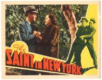 6s749 SAINT IN NEW YORK LC '38 romantic close up of Louis Hayward & Kay Sutton in fur coat!