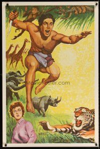 6x707 TARZAN stock 1sh '60s cool jungle action art of Tarzan, Jane & wild animals!